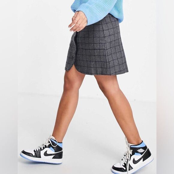 Madewell Gray Wool Navy Blue Windowpane Grid Patch Pocket Button Mini Skirt - Picture 2 of 16